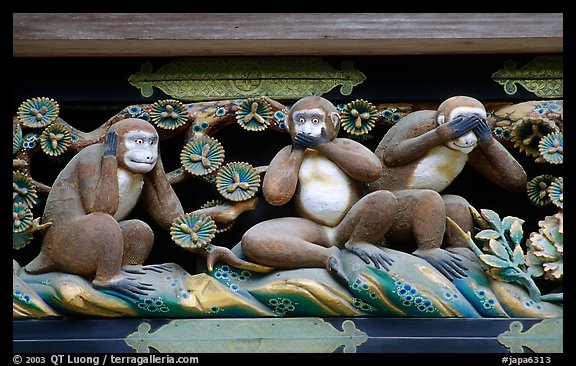 Three-monkey relief carving (hear no evil, see no evil, speak no evil) on Shinkyusha. Nikko, Japan